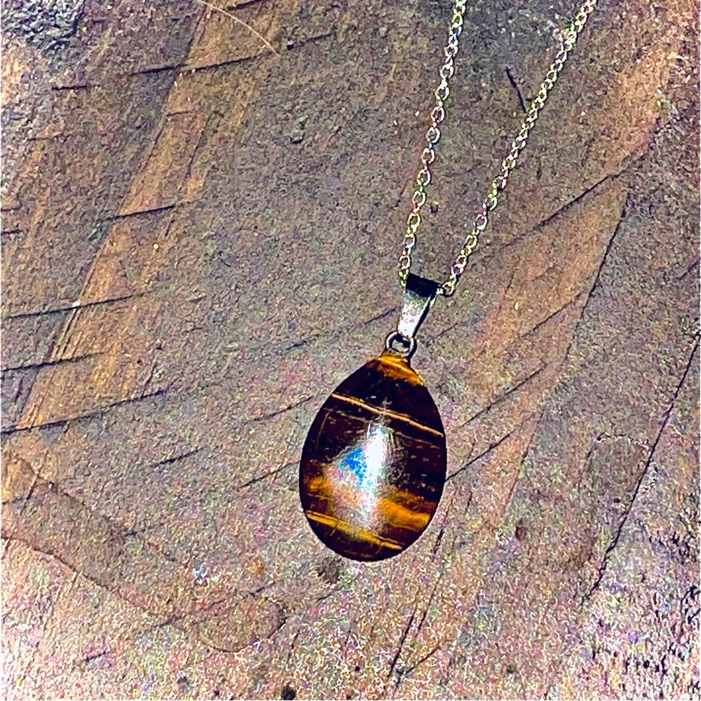 New 925 Sterling Silver Brown Black Tigers Eye Stone Water Drop Necklace - Picture 5 of 14